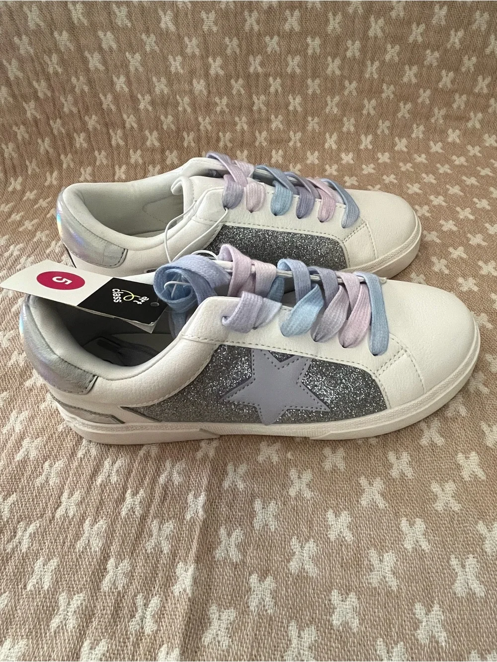 art class White Sneakers with Pastel Blue and Pastel Purple Accents